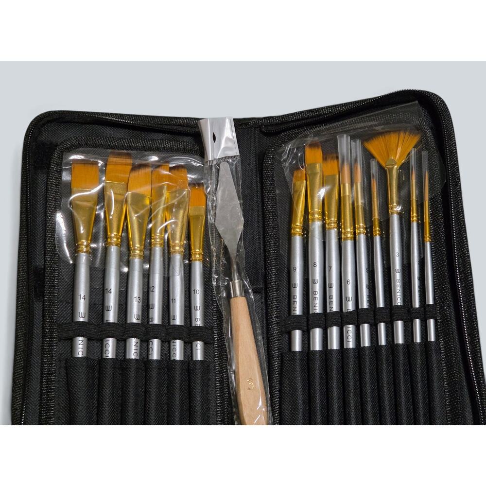 Benicci 18pc Artist Paint Brush Set with Zipper Case, Palette Knife & Sponge - Picture 2 of 4